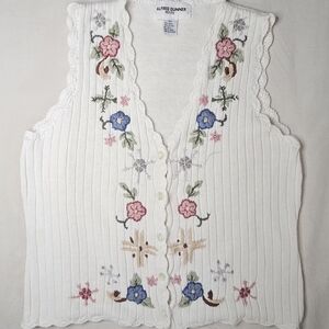 Super Cute Vtg Grandma Alfred Dunner White Floral Embroidered Sweater Vest PS